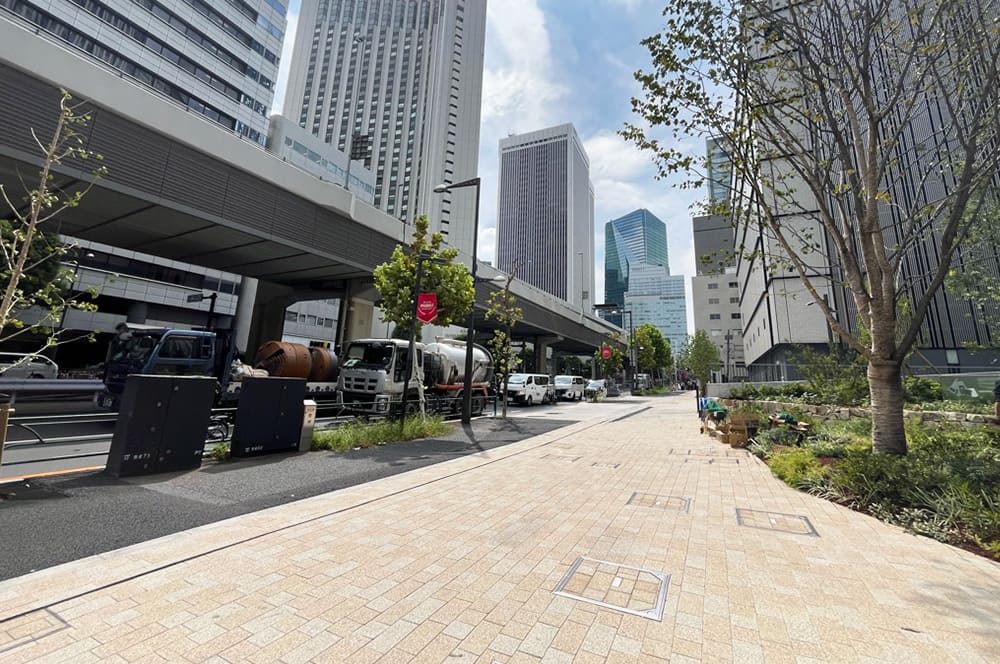 On the left is the roadway beneath the overpass, while a wide sidewalk, featuring plantings and bright beige paving, extends along the right side.
