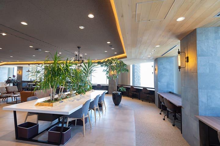 Stylish office like in a high-rise building with plants, desks and chairs.