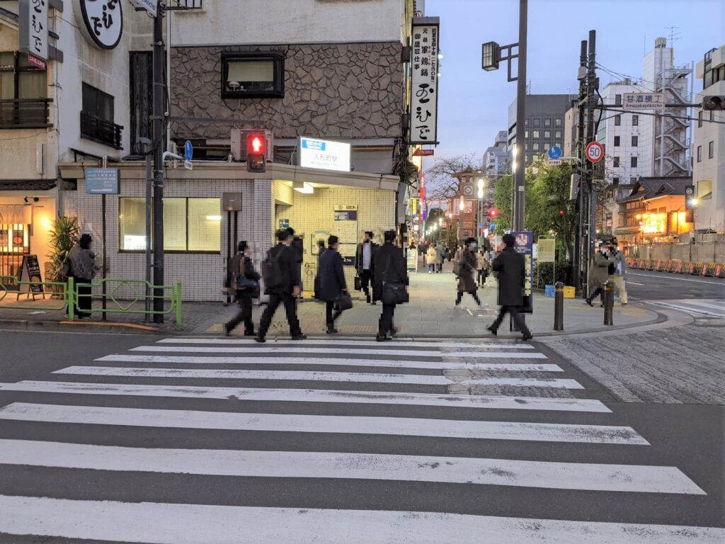 Pedestrian crossing in front of Exit A2 of Ningyocho Station