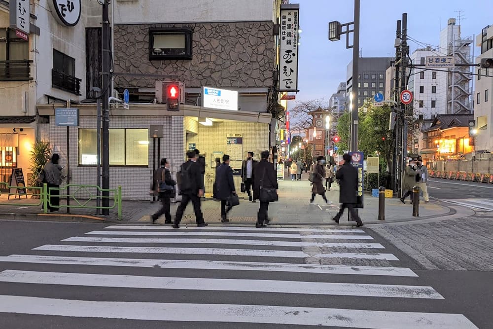 Pedestrian crossing in front of Exit A2 of Ningyocho Station