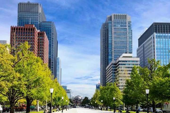A view of the Otemachi cityscape, with a treelined street leading to a cluster of modern high-rise buildings.