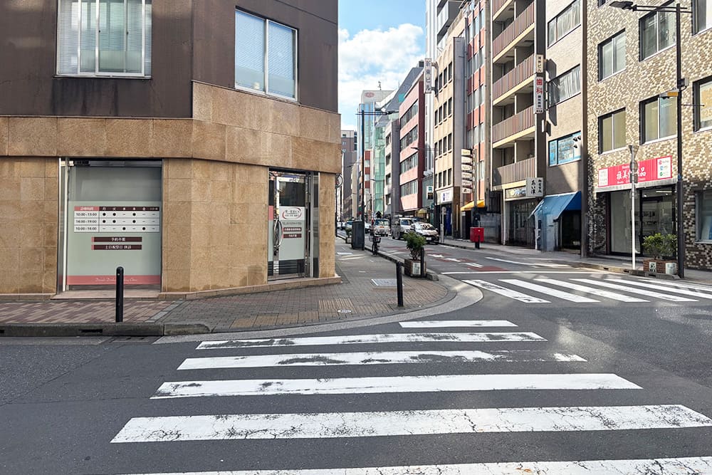 Crosswalk and corner building (along [Shusse Fudo-dori Street]).
