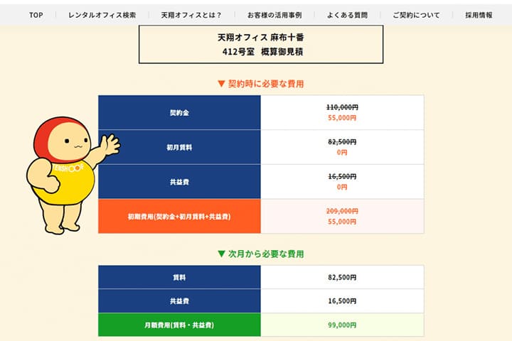 概算見積作成で表示された結果を指さすてんしょうくん