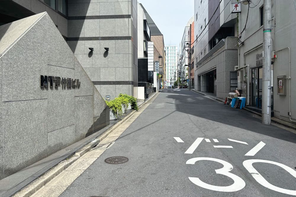 左手に「NTF竹橋ビル」の文字が見えるグレーの壁、路面には「ゾーン30」の表示。