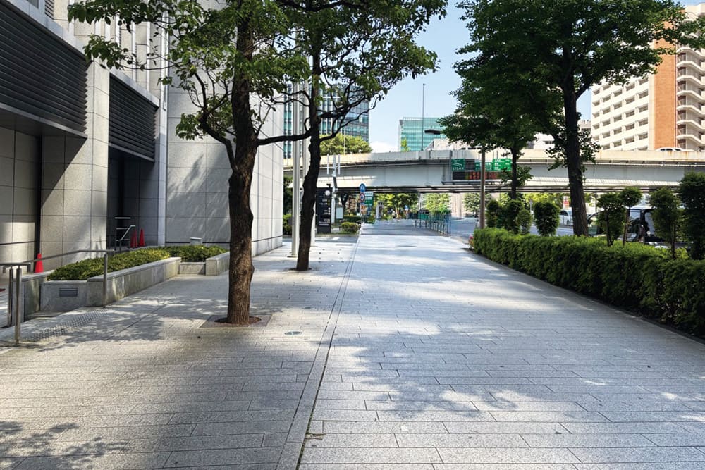 大手町駅近く、木陰のある広い歩道。奥には高架道路が見える。