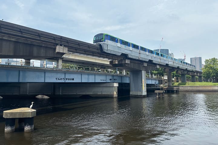 天王洲アイル駅を走るモノレールと、その下を流れる水辺に佇む白いサギ。