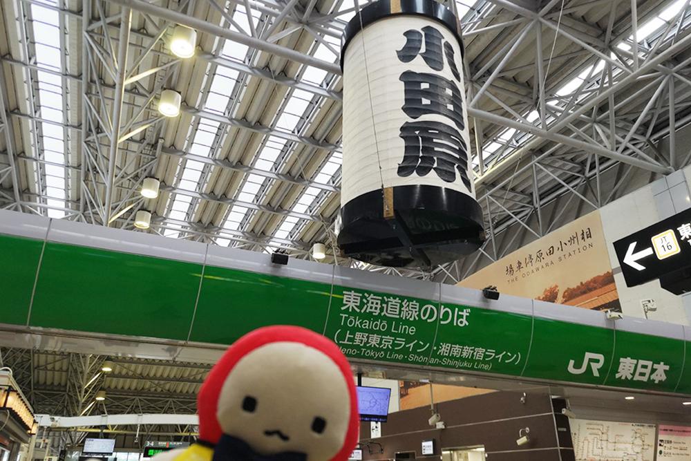 小田原駅、東海道線のりばの上に飾ってある小田原提灯とてんしょうくんぬい