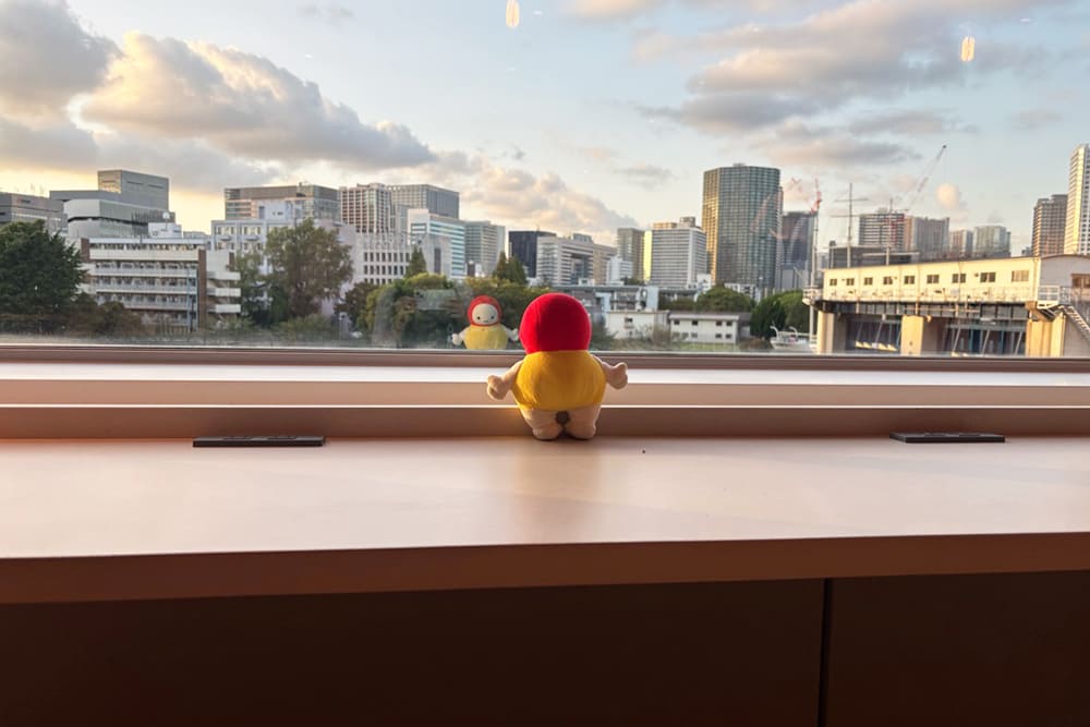 天王洲ファーストタワーのラウンジの窓からの景色。夕陽に染まる天王洲の街をアンニュイな感じで眺めるてんしょうくんぬい。窓ガラスには、眺めているてんしょうくんぬいの顔が写っている。