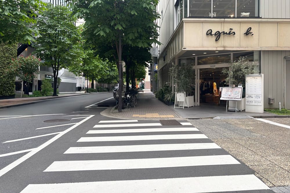 手前に横断歩道があり、その奥にアニエスベーの店舗入り口と、木々が並ぶ銀座の通りが見える風景。